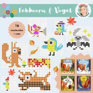 blaadjesdief, eekhoorn en vogel, kralenplankvoorbeelden, thema herfst kleuters