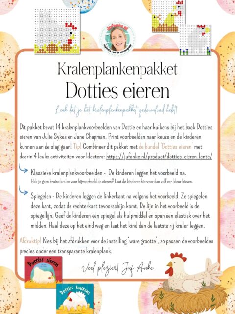 🎁 Cadeautje! De minibundel ‘Dotties eieren’ gaat zó hard! Wat leuk dat jullie zo enthousiast over Dottie zijn! Ik ben super benieuwd wat jullie van de activiteiten vinden en wat je favoriete bundel van m’n site is. 

🐣 Speciaal voor jullie maakte ik 14 kralenplankvoorbeelden van Dottie en haar kuikens. Je downloadt ze nu GRATIS op m’n site. 
Veel plezier! 🐥

🔗 De link vind je bij de Dottie bundel, ga daarvoor naar de shop op Jufanke.nl en klik op de Dottie bundel.