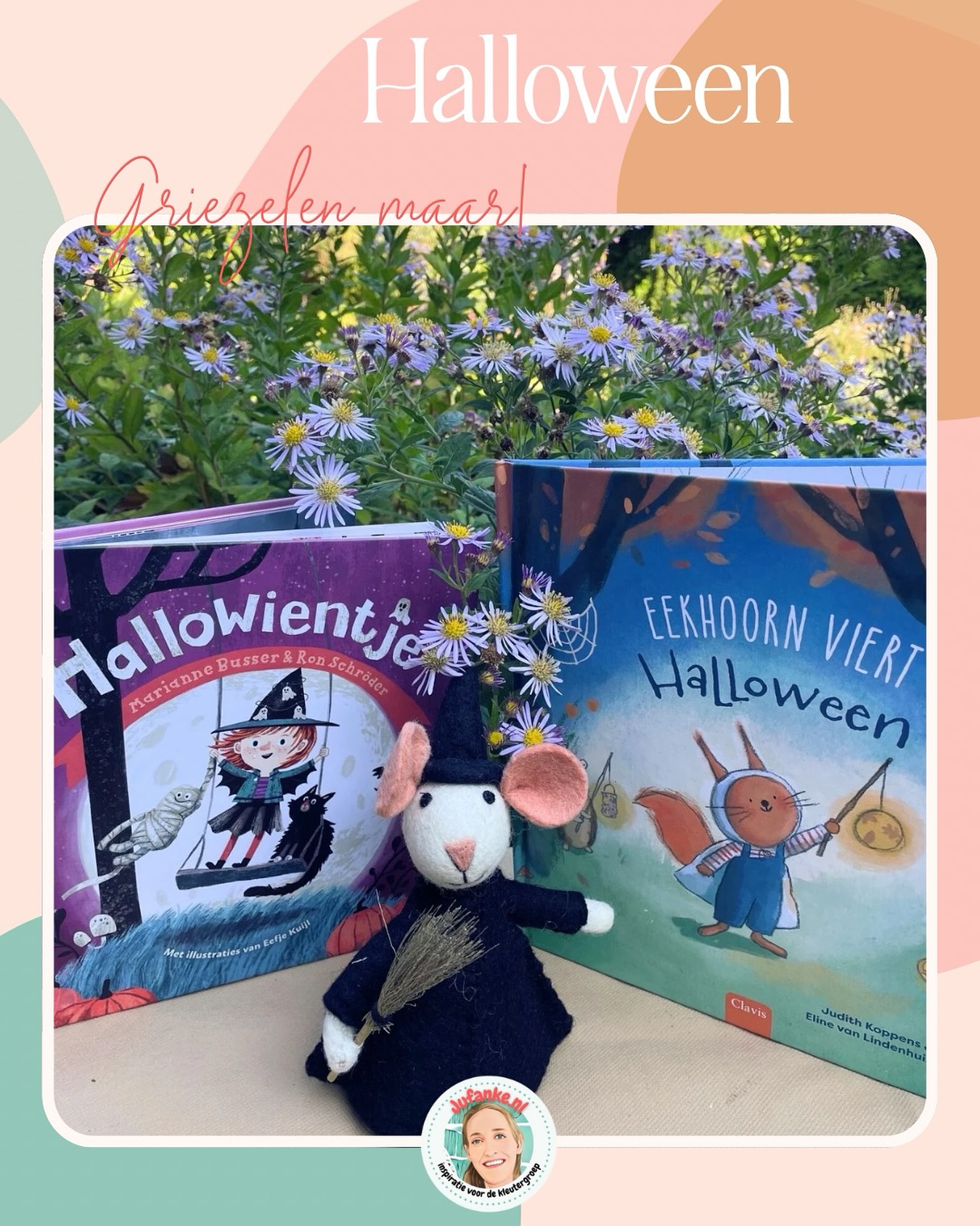 Nieuw verschenen boeken voor Halloween 🎃 en een lieve heksenmuis van @sjaalmetverhaal! 😍

🔗 Recensies op Jufanke.nl

✨Hallowientje
Marianne Busser en Ron Schröder – Moon

Hallowientje gaat over een meisje dat eigenlijk Nicolientje heet, maar één keer per jaar Hallowientje wordt genoemd. Haar verjaardag valt namelijk precies op Halloween! Hallowientje houdt van griezelen, en nodigt al haar vrienden uit voor een griezelfeestje. En jij mag ook komen!

Nog zo’n leukerd van Marianne en Ron. Dit boek vind ik vooral fantastisch omdat mijn kleuters de laatste jaren om Halloween activiteiten vragen (ik ben er zelf niet zo van) en dan neem ik natuurlijk het liefst wat griezelige boeken mee! Boeken over spoken en vleermuizen heb ik inmiddels, maar specifiek over Halloween nog niet zoveel. De kinderen zullen hier blij mee zijn! 

Hallowientje is een verhaal in korte zinnen op rijm. Het griezelt aan alle kanten en de illustraties doen daar nog een schepje bovenop. Wat zijn ze leuk! Zo kleurrijk en zo griezelig. Alles wat je je bij Halloween voor kunt stellen, zit in dit boek. Gelukkig wordt het niet écht spannend, wel voor Hallowientje, niet voor de lezers. Zo kunnen zij rustig gaan slapen. In de tekst wordt ook nog eens duidelijk uitgelegd dat al die enge dingen niet echt bestaan, fijn! 

✨Eekhoorn viert Halloween
Judith Koppens & Eline van Lindenhuizen – Clavis

Eekhoorn vindt het leuk om anderen aan het schrikken te maken met Halloween. Maar als hij zijn vriendjes kwijtraakt in het donkere bos, wordt hij zelf een beetje bang. ‘Haas? Egel? Das? Waar zijn jullie?’

We griezelen nog even door met Eekhoorn en zijn vriendjes in het bos. Ook zij vieren Halloween. Eekhoorn houdt ervan, lekker iedereen aan het schrikken maken! Tot de vleermuizen hém laten schrikken en de schrik hem om het hart slaat. 

De illustraties bij dit verhaal zijn lief en dat maakt Halloween een gezellig feestje! In het bos is het donker, wat het ook een beetje spannend maakt, maar gelukkig kun je van deze aandoenlijke vriendjes niet écht bang worden.

Het verhaal loopt goed af en daarmee is het om te griezelen én vertederend tegelijk. Griezelen is gewoon gezelliger met je vrienden erbij.