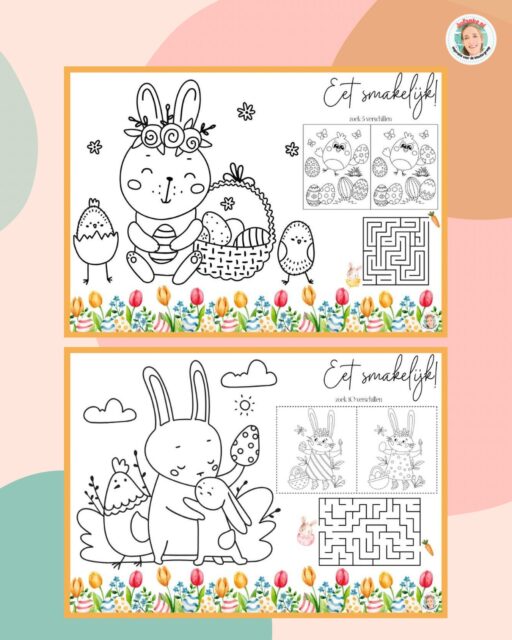 Verschillende vrolijke paasplacemats om in te kleuren en spelletjes op te spelen! 🐰 

🔗 Je vindt ze bij de downloads op de paaspagina van Jufanke.nl 🐣