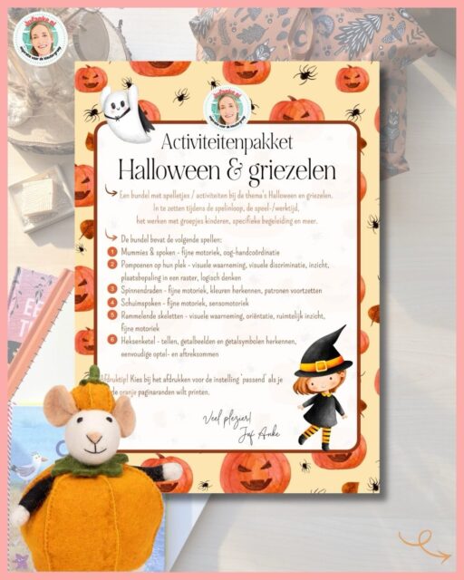 Griezel je mee? Met Pompoenmuis van @sjaalmetverhaal en de griezelig leuke activiteiten uit de Halloweenbundel. 👻 

Leg de pompoenen op hun plek, maak heksensoep, leg skeletten met wattenstaafjes, maak scheerschuimspoken, rijg spinnendraad en wikkel de mummies in. Halloweenfan of niet, ik krijg er alweer helemaal zin in als ik dit zie! 🎃 

🔗 Jufanke.nl > shop > zoek op ‘Halloween’