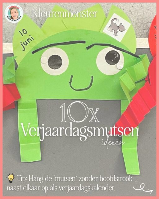 🎈 De ‘klassieke’ verjaardagsmuts’ of ‘-kroon’, lekker over de top versierd, vind ik nog altijd prachtig! Toch kiezen wij de laatste jaren voor deze mutsen, die de kinderen zelf maken en we zonder de hoofdstrook ophangen als verjaardagskalender. De kinderen zijn super trots op hun creatie en kijken het hele jaar naar de vrolijk gekleurde rij aan de wand: Wanneer ben ik jarig? Wie is de volgende? En als hun muts dan eindelijk als eerste in de rij hangt, kan het aftellen beginnen. We bevestigen er een hoofdstrook aan en maken hier enkele fleurige bloemen van vloeipapier op. Tijd voor feest! 

🎉 Wat voor verjaardagsmuts of -kroon maak jij komend schooljaar? 

🔗 Meer inspiratie? Jufanke.nl > organisatie > verjaardag